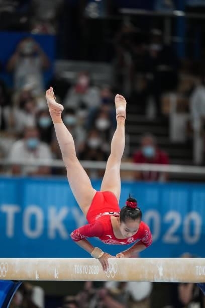 Tang Xijing of Team China competes during the Women's Balance Beam Final on day eleven of the Tokyo 2020 Olympic Games at Ariake Gymnastics Centre on...