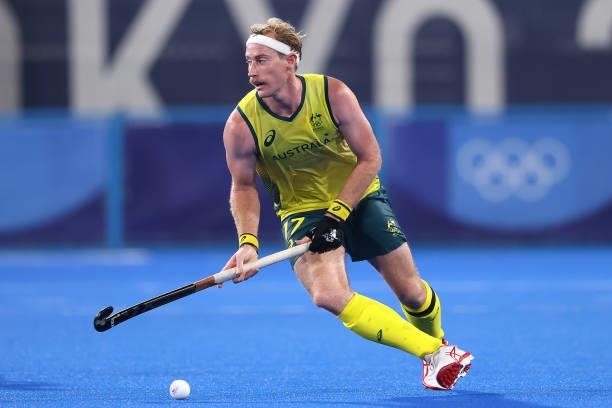 Aran Zalewski of Team Australia controls the ball during the Men's Semifinal match between Australia and Germany on day eleven of the Tokyo 2020...