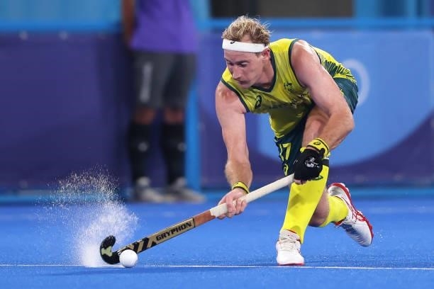 Aran Zalewski of Team Australia passes the ball during the Men's Semifinal match between Australia and Germany on day eleven of the Tokyo 2020...