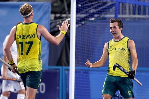 Lachlan Thomas Sharp of Team Australia celebrates with teammate Aran Zalewski after scoring their team's third goal during the Men's Semifinal match...