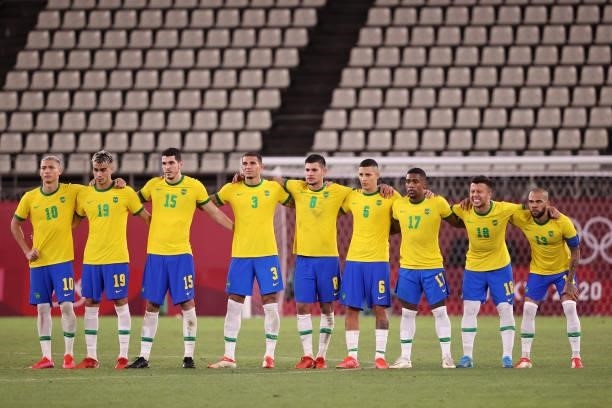 Players of Team Brazil watch on during the penalty shoot out during the Men's Football Semi-final match between Mexico and Brazil on day eleven of...