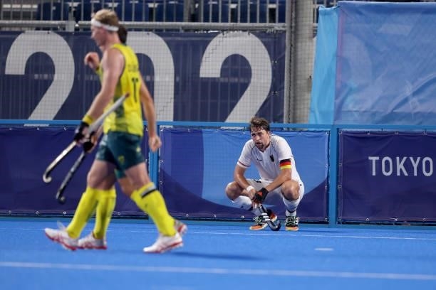 Tobias Constantin Hauke of Team Germany reacts following Team Australia's third goal, scored by Lachlan Thomas Sharp of Team Australia during the...