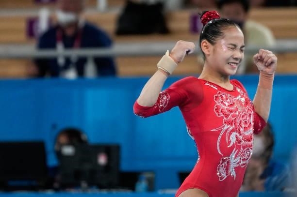Tang Xijing of Team China celebrates during the Women's Balance Beam Final on day eleven of the Tokyo 2020 Olympic Games at Ariake Gymnastics Centre...
