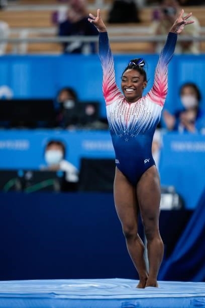 Simone Biles of Team United States competes during the Women's Balance Beam Final on day eleven of the Tokyo 2020 Olympic Games at Ariake Gymnastics...