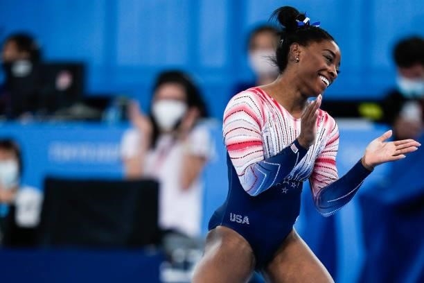 Simone Biles of Team United States reacts during the Women's Balance Beam Final on day eleven of the Tokyo 2020 Olympic Games at Ariake Gymnastics...