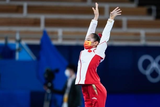 Silver medalist Tang Xijing of Team China celebrates on the podium after the Women's Balance Beam Final on day eleven of the Tokyo 2020 Olympic Games...