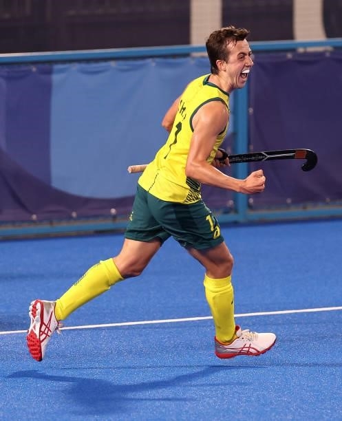 Lachlan Thomas Sharp of Team Australia celebrates after scoring their team's third goal during the Men's Semifinal match between Australia and...