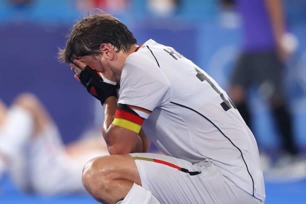 Tobias Constantin Hauke of Team Germany reacts following a loss in the Men's Semifinal match between Australia and Germany on day eleven of the Tokyo...