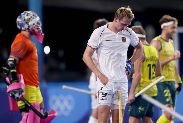 Niklas Wellen of Team Germany reacts following a loss in the Men's Semifinal match between Australia and Germany on day eleven of the Tokyo 2020...