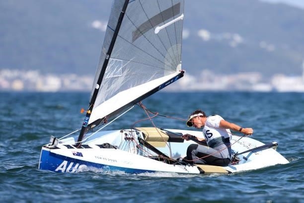 Jake Lilley of Team Australia competes in the Men's Finn class medal race on day eleven of the Tokyo 2020 Olympic Games at Enoshima Yacht Harbour on...