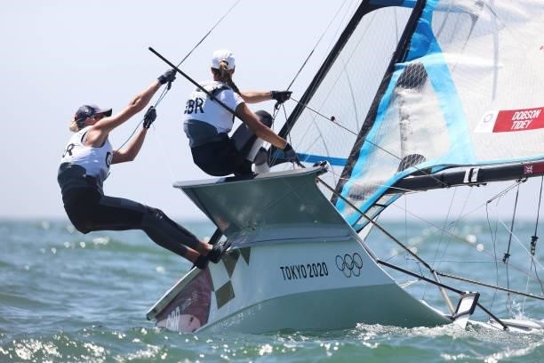 Charlotte Dobson and Saskia Tidey of Team Great Britain compete in the Women's Skiff 49er class on day eleven of the Tokyo 2020 Olympic Games at...