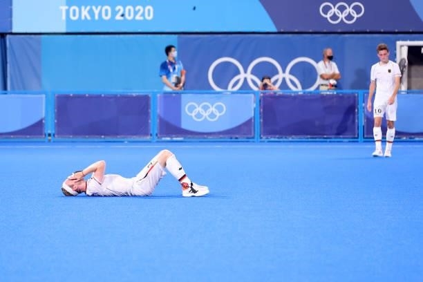 Jan Christopher Ruhr of Team Germany reacts following a loss in the Men's Semifinal match between Australia and Germany on day eleven of the Tokyo...