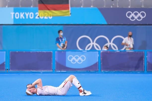 Jan Christopher Ruhr of Team Germany reacts following a loss in the Men's Semifinal match between Australia and Germany on day eleven of the Tokyo...