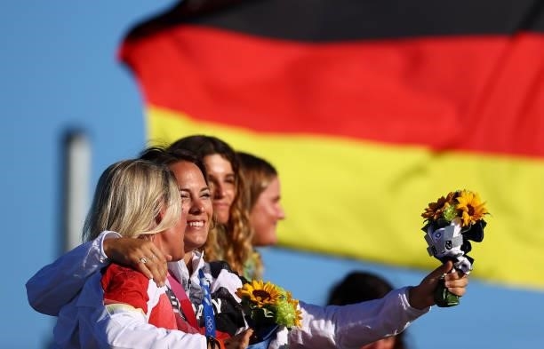 Tina Lutz and Susann Beucke of Team Germany poses with the silver medal for the Women's Skiff 49er class on day eleven of the Tokyo 2020 Olympic...
