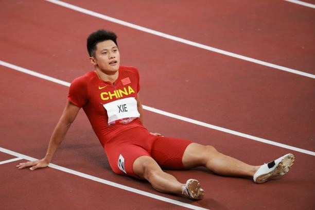 Zhenye Xie of Team China reacts after the Men's 200m Semi-Final on day eleven of the Tokyo 2020 Olympic Games at Olympic Stadium on August 03, 2021...