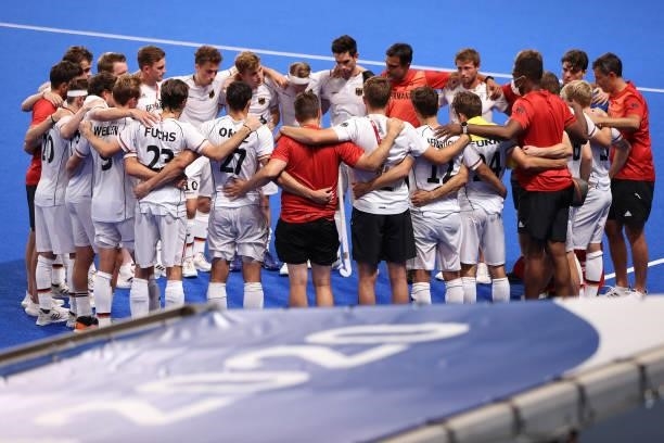 Team Germany huddle following a loss in the Men's Semifinal match between Australia and Germany on day eleven of the Tokyo 2020 Olympic Games at Oi...