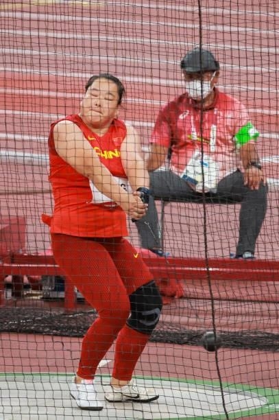 Wang Zheng of Team China competes in the Women's Hammer Throw Final on day eleven of the Tokyo 2020 Olympic Games at Olympic Stadium on August 3,...