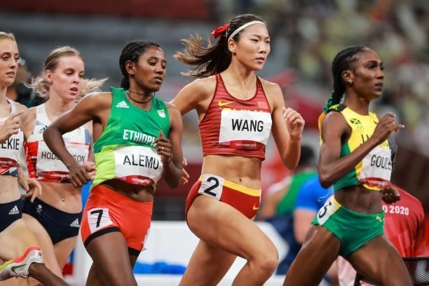 Keely Hodgkinson of Team Great Britain, Habitam Alemu of Team Ethiopia, Wang Chunyu of Team China and Natoya Goule of Team Jamaica compete in the...