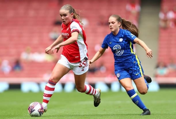 Freya Godfrey of Arsenal and Grace Palmer of Chelsea in action during the Pre Season Friendly between Arsenal and Chelsea at Emirates Stadium on...
