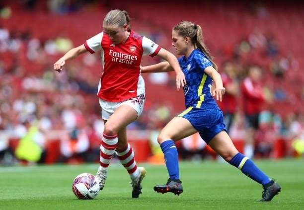 Freya Godfrey of Arsenal and Grace Palmer of Chelsea in action during the Pre Season Friendly between Arsenal and Chelsea at Emirates Stadium on...