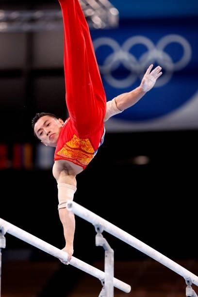Zou Jingyuan of Team China competes during the Men's Parallel Bars Final on day eleven of the Tokyo 2020 Olympic Games at Ariake Gymnastics Centre on...