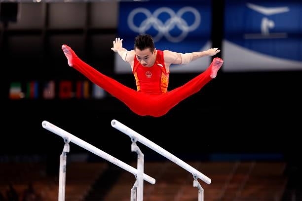 Zou Jingyuan of Team China competes during the Men's Parallel Bars Final on day eleven of the Tokyo 2020 Olympic Games at Ariake Gymnastics Centre on...