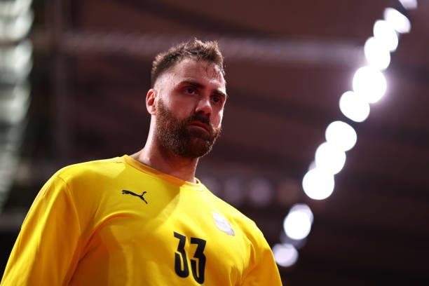Andreas Wolff of Team Germany looks dejected as he leaves the field of play after losing the Men's Quarterfinal handball match between Germany and...