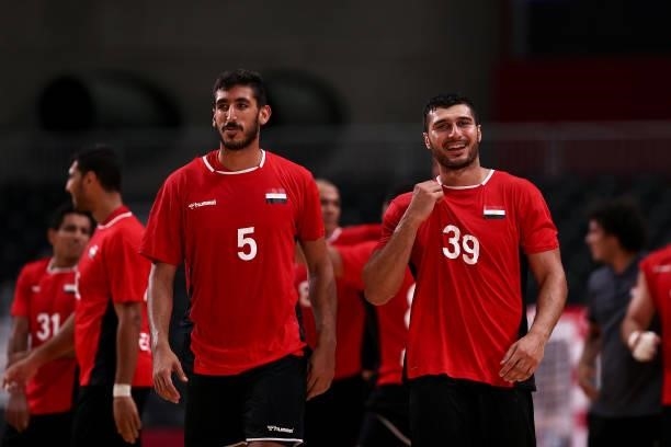 Yahia Omar and Yehia Elderaa of Team Egypt celebrate after winning the Men's Quarterfinal handball match between Germany and Egypt on day eleven of...