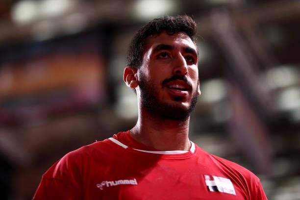 Yahia Omar of Team Egypt is seen leaving the field of play after winning the Men's Quarterfinal handball match between Germany and Egypt on day...