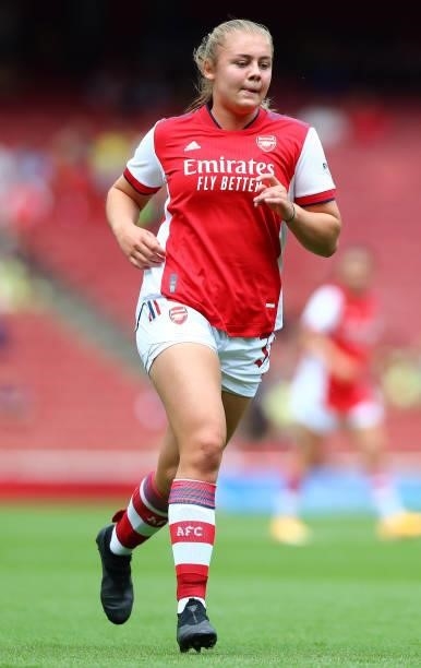 Freya Jupp of Arsenal controls the ball during the Pre Season Friendly between Arsenal and Chelsea at Emirates Stadium on August 01, 2021 in London,...