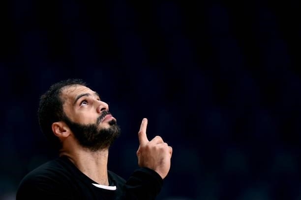 Karim Hendawy of Team Egypt prays after making a save during the Men's Quarterfinal handball match between Germany and Egypt on day eleven of the...