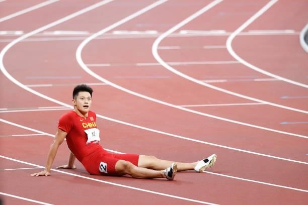 Zhenye Xie of Team China reacts after the Men's 200m Semi-Final on day eleven of the Tokyo 2020 Olympic Games at Olympic Stadium on August 03, 2021...
