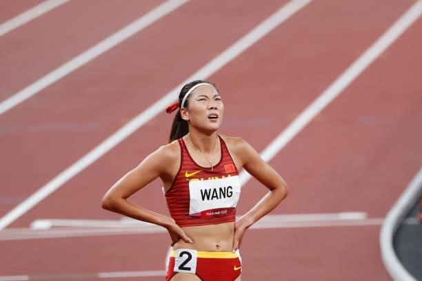 Wang Chunyu of Team China reacts after the Women's 800m Final on day eleven of the Tokyo 2020 Olympic Games at Olympic Stadium on August 03, 2021 in...