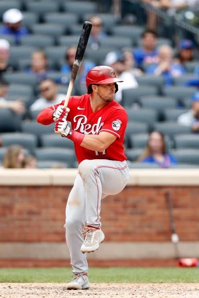 Kyle Farmer of the Cincinnati Reds in action against the New York Mets at Citi Field on August 01, 2021 in New York City. The Reds defeated the Mets...