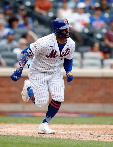 Jonathan Villar of the New York Mets in action against the Cincinnati Reds at Citi Field on August 01, 2021 in New York City. The Reds defeated the...