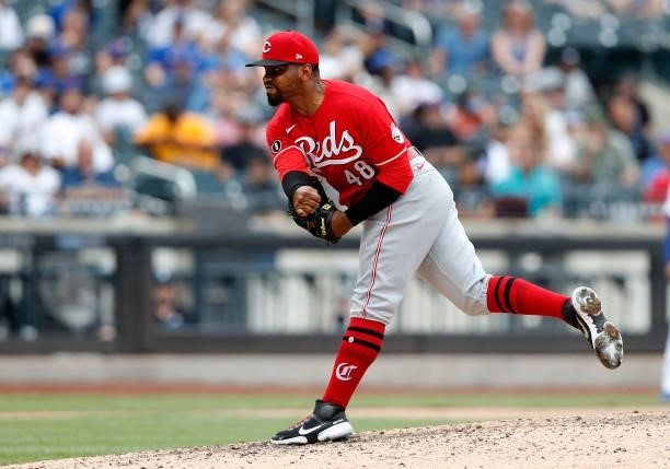 Mychal Givens of the Cincinnati Reds in action against the New York Mets at Citi Field on August 01, 2021 in New York City. The Reds defeated the...