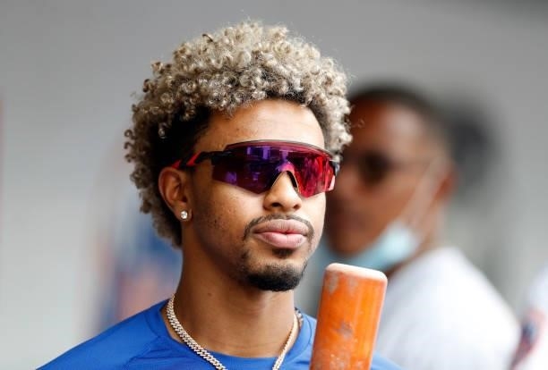 Francisco Lindor of the New York Mets looks on against the Cincinnati Reds at Citi Field on August 01, 2021 in New York City. The Reds defeated the...