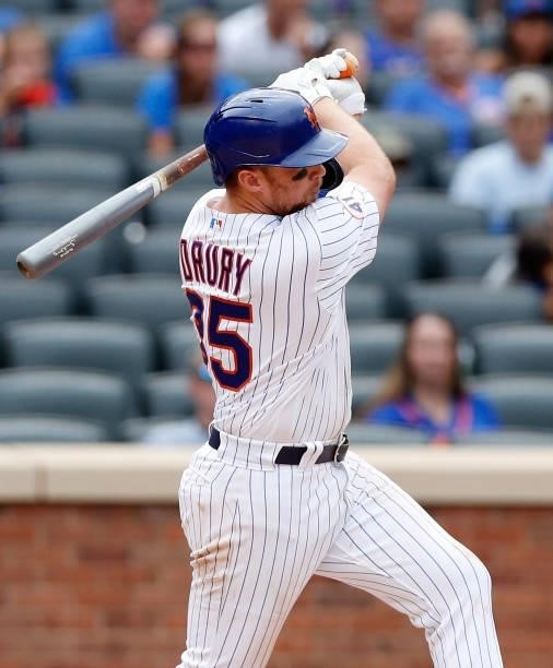 Brandon Drury of the New York Mets in action against the Cincinnati Reds at Citi Field on August 01, 2021 in New York City. The Reds defeated the...