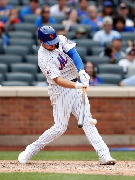 Brandon Drury of the New York Mets in action against the Cincinnati Reds at Citi Field on August 01, 2021 in New York City. The Reds defeated the...