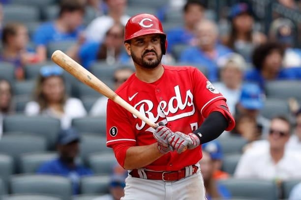 Eugenio Suarez of the Cincinnati Reds in action against the New York Mets at Citi Field on August 01, 2021 in New York City. The Reds defeated the...