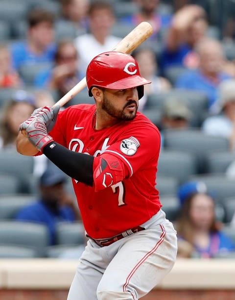 Eugenio Suarez of the Cincinnati Reds in action against the New York Mets at Citi Field on August 01, 2021 in New York City. The Reds defeated the...