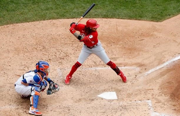 Jonathan India of the Cincinnati Reds in action against the New York Mets at Citi Field on August 01, 2021 in New York City. The Reds defeated the...