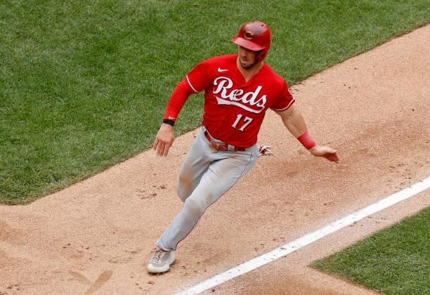 Kyle Farmer of the Cincinnati Reds in action against the New York Mets at Citi Field on August 01, 2021 in New York City. The Reds defeated the Mets...