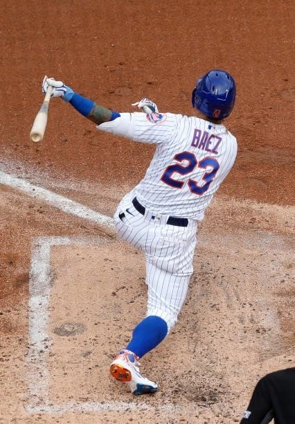 Javier Baez of the New York Mets in action against the Cincinnati Reds at Citi Field on August 01, 2021 in New York City. The Reds defeated the Mets...