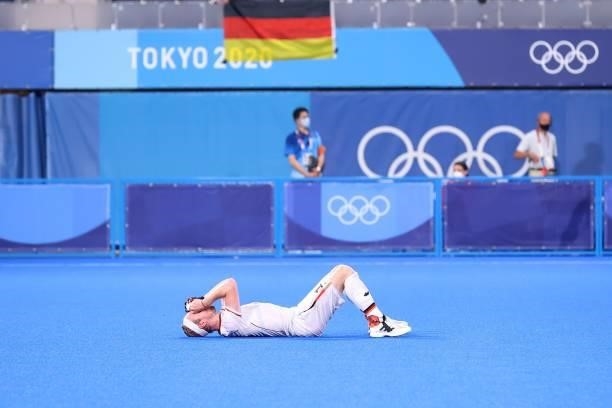 Jan Christopher Rühr of Team Germany reacts following a loss in the Men's Semifinal match between Australia and Germany on day eleven of the Tokyo...