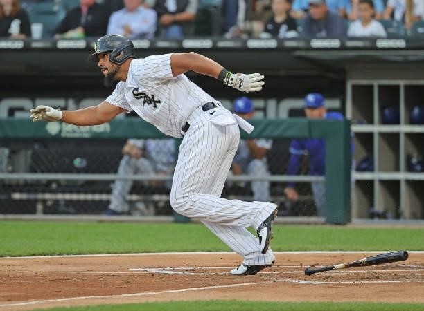 Jose Abreu of the Chicago White Sox runs after hitting in the 1st inning against the Kansas City Royals at Guaranteed Rate Field on August 03, 2021...