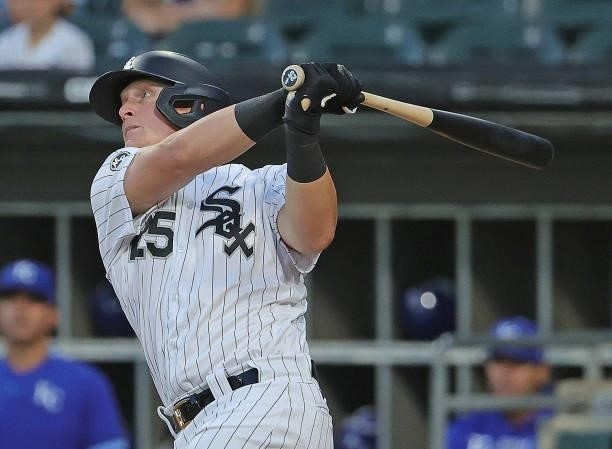 Andrew Vaughn of the Chicago White Sox hits a solo home run in the 2nd inning against the Kansas City Royals at Guaranteed Rate Field on August 03,...