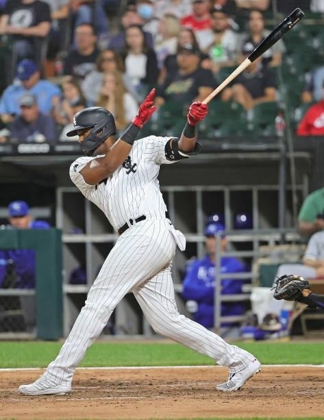 Eloy Jimenez of the Chicago White Sox grounds into a force out against the Kansas City Royals at Guaranteed Rate Field on August 03, 2021 in Chicago,...