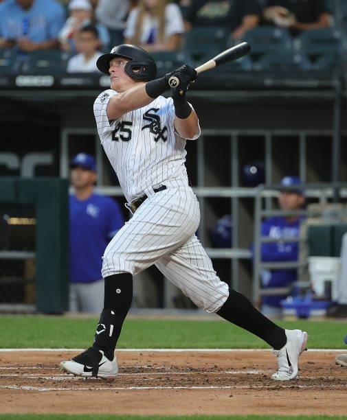 Andrew Vaughn of the Chicago White Sox hits a solo home run in the 2nd inning against the Kansas City Royals at Guaranteed Rate Field on August 03,...