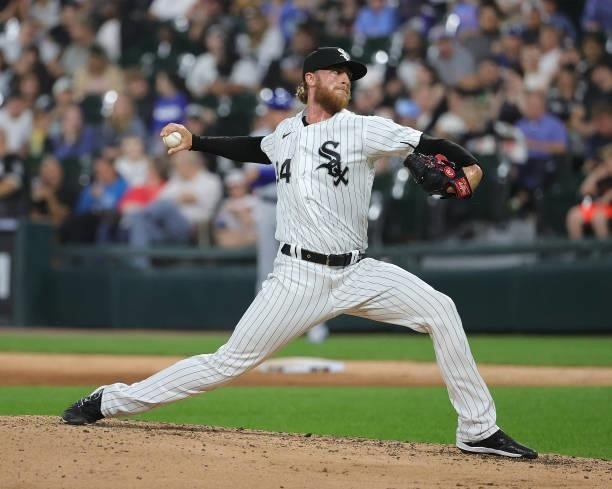 Michael Kopech of the Chicago White Sox pitches the 7th inning against the Kansas City Royals at Guaranteed Rate Field on August 03, 2021 in Chicago,...